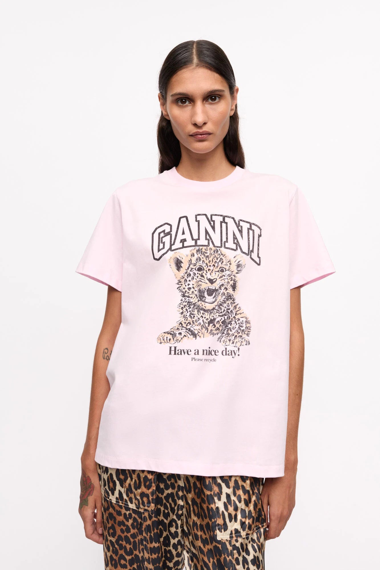 Pink Basic Jersey Leopard Relaxed T-shirt T-Shirts Ganni