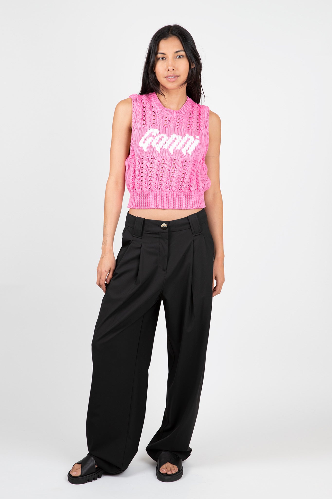 Ganni-Drapey-Melange-Loose-Pleat-Pants-Black
