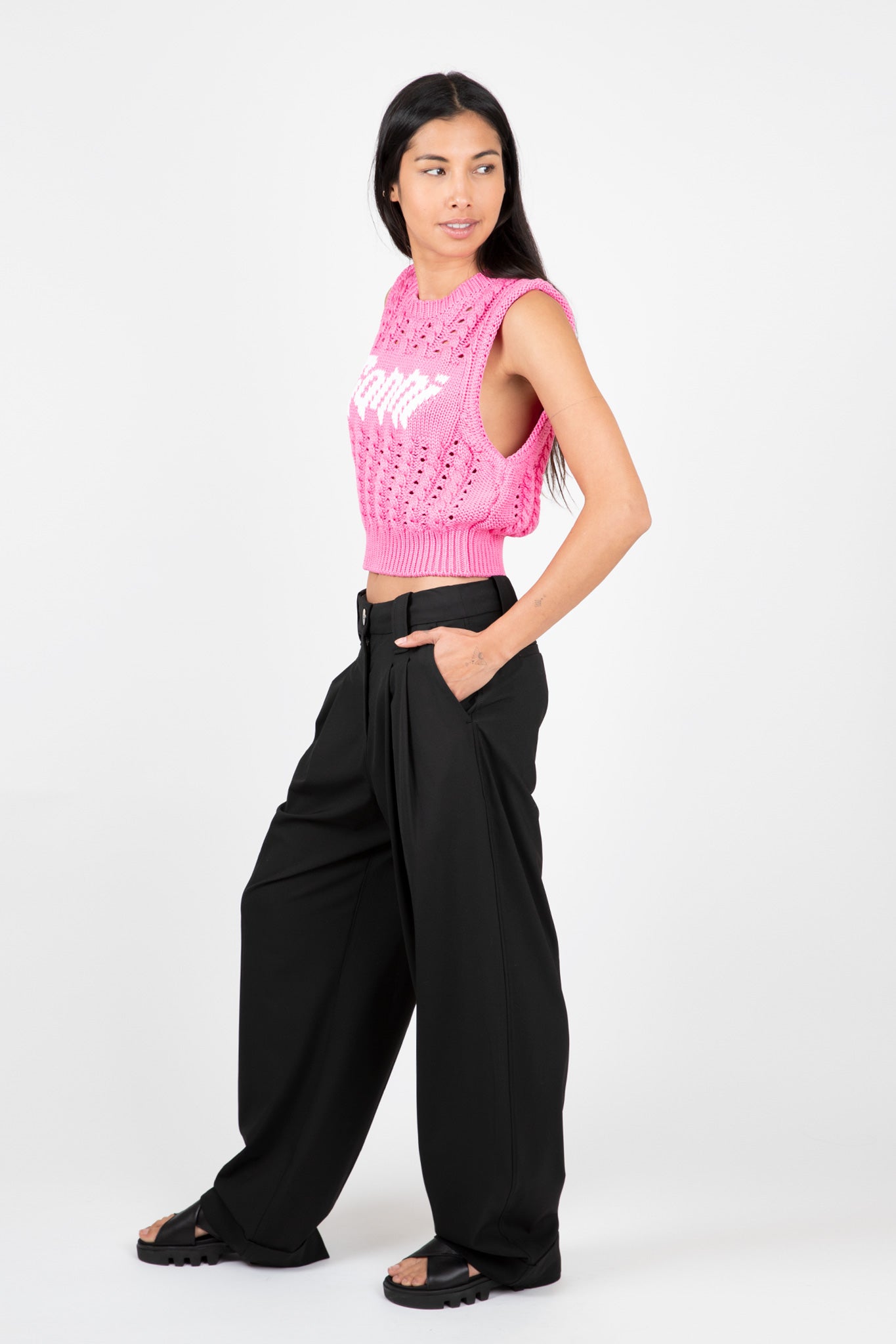 Ganni-Drapey-Melange-Loose-Pleat-Pants-Black