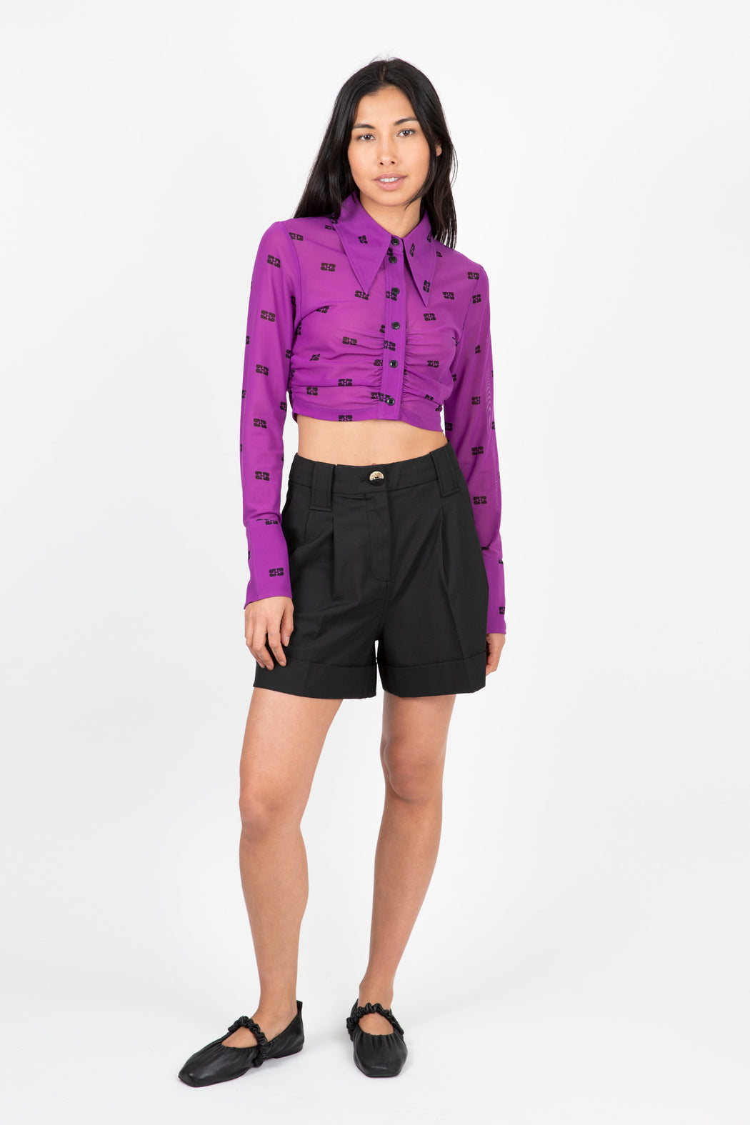    Ganni-Drapey-Melange-Shorts-Black