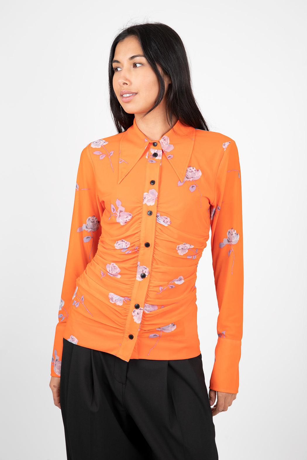 Ganni-Orange-Printed-Mesh-Ruched-Shirt-Orangeade