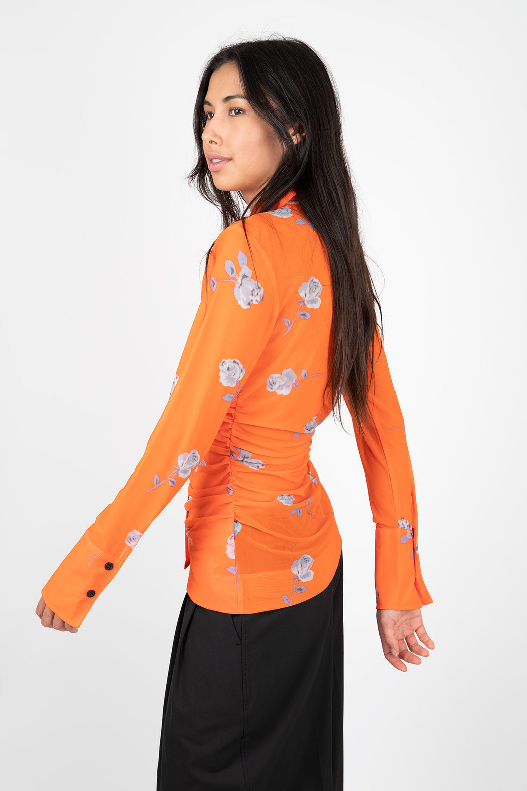 Ganni-Orange-Printed-Mesh-Ruched-Shirt-Orangeade